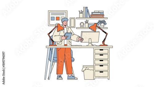 Illustration of a Man Standing at His Desk Working on a Computer