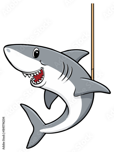 Cheerful cartoon shark character illustration, smiling widely with sharp teeth and an open mouth, hooked.