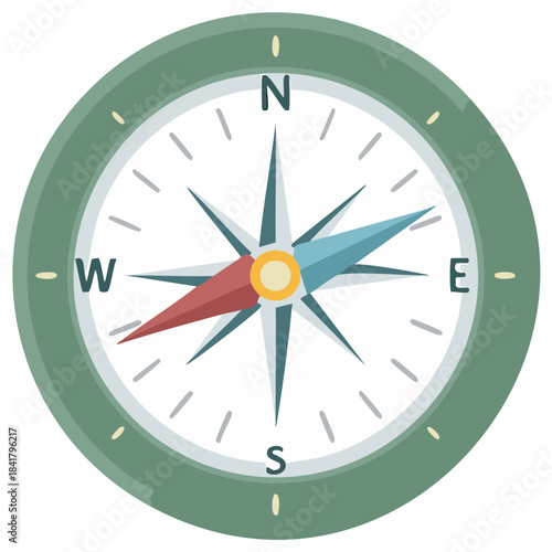 Flat design illustration of a classic compass pointing direction for navigation and travel