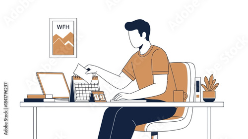 Illustration of a man working from home, using a laptop, and managing his schedule