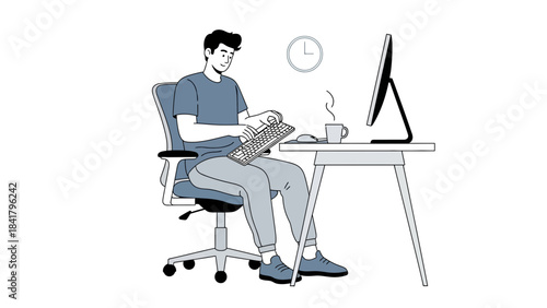 Illustration of a Man Working on a Computer at His Desk Depicting Office Work