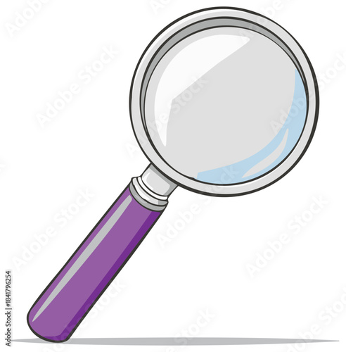 Illustration of a silver-rimmed magnifying glass with purple handle for inspection or examination