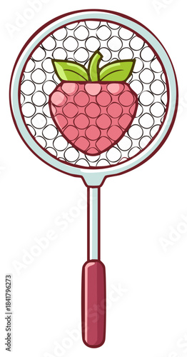 Cute cartoon raspberry fruit captured inside a kitchen skimmer strainer cooking utensil illustration
