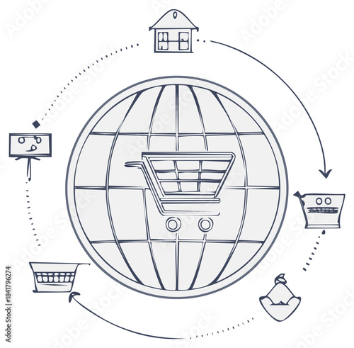 Global Online Shopping Concept with Home and Products Connected by Arrows