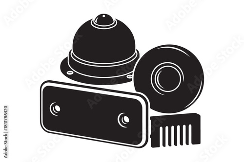 Set of black and white industrial components and hardware