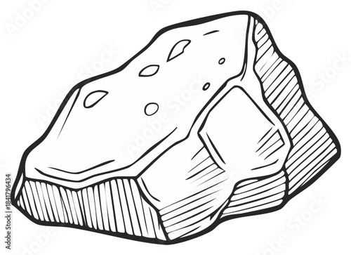 Hand drawn black and white line art illustration of a rugged natural rock or stone