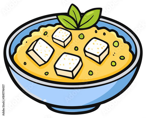 Whimsical illustration of a light blue bowl filled with a creamy yellow stew topped with white tofu cubes and green leaves