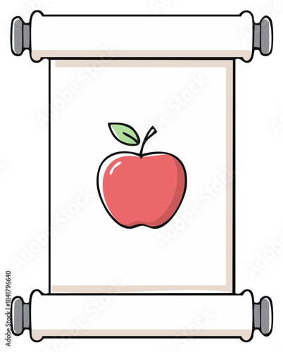 Red apple with leaf on a rolled parchment scroll with grey handles