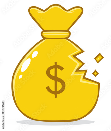 Gold money bag with dollar sign bursting open and losing coins