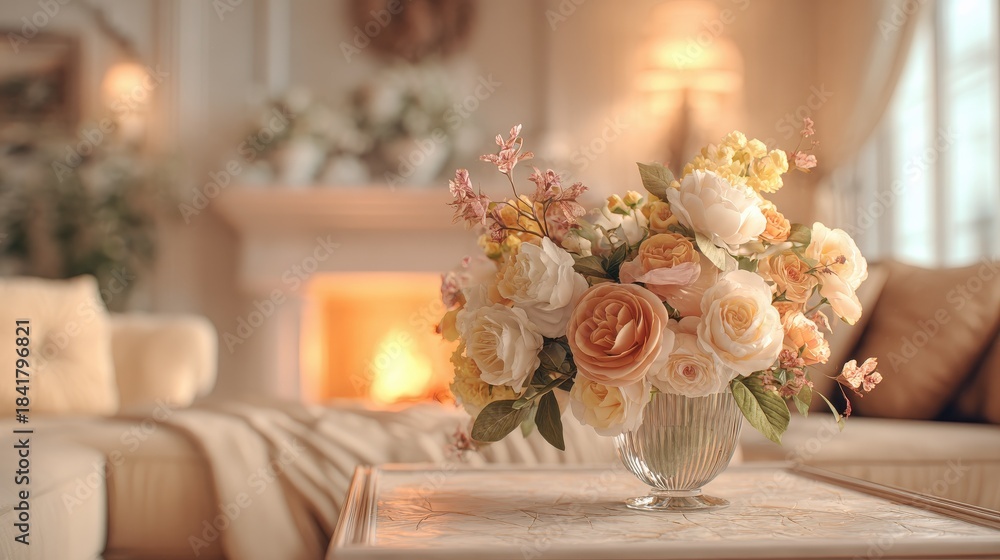 Fototapeta premium elegant floral arrangement in a cozy living room home interior decor soft lighting warm atmosphere inviting aesthetic