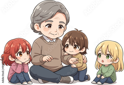 Title: Chibi Grandfather Sitting with Three Grandchildren - Vector Illustration of Intergenerational Family Bonding and Story Time