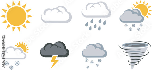 Variety of cartoon weather icons representing different atmospheric conditions and forecasts