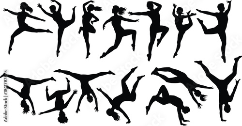 Energetic dancer silhouette collection featuring acrobatic jumps, expressive contemporary movement, athletic flexibility poses and dynamic choreography elements for creative vector illustration
