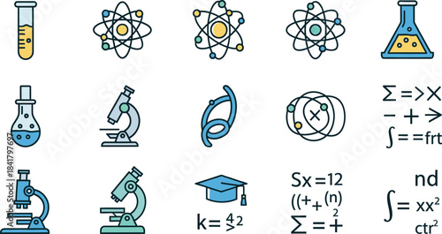 Colorful science icons representing chemistry biology mathematics and academic study