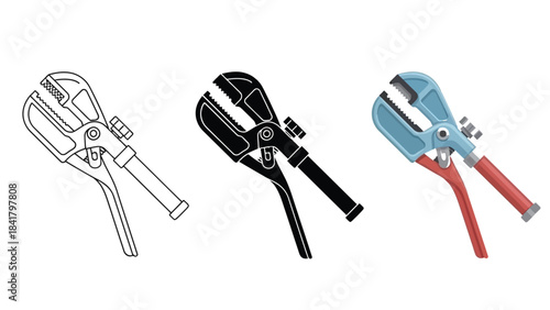Pliers Tools Vector Set in Three Styles — Line Art, Silhouette and Color Version Designs for Electrical and Plumbing Work