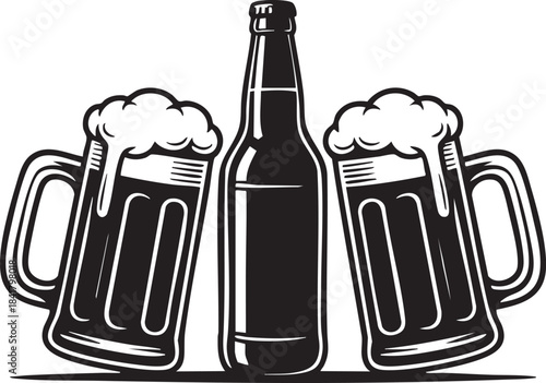 Stylized black and white line art beer bottle silhouette isolated on transparent background