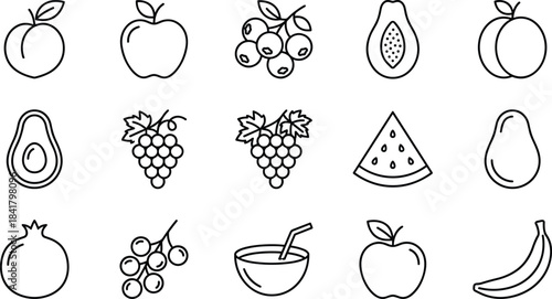 Fruit line icon set featuring apples grapes berries peaches banana avocado papaya pomegranate watermelon minimal outline graphics