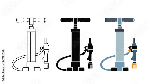 Handheld Air Pumps Vector Set in Three Styles — Line Art, Silhouette and Color Version Designs for Inflatable Devices