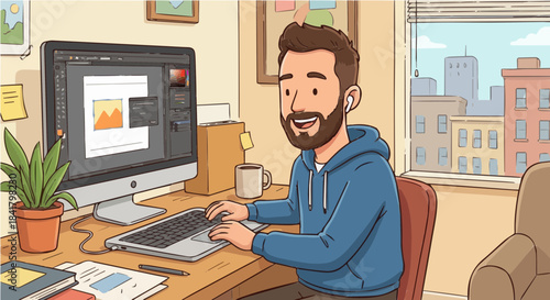 A smiling bearded man in a blue hoodie working on a laptop and desktop monitor with graphic design software in a home office setting.