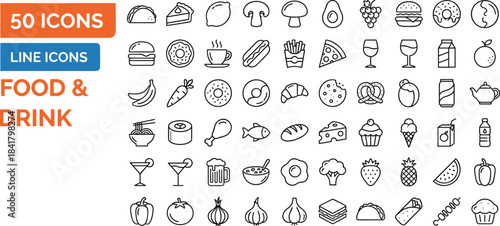 Food and drink line icon collection featuring snacks beverages fruits desserts meals outlined minimal vector illustrations, icons