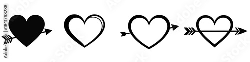 Black heart arrow vector icons in mixed styles featuring outline and solid heart shapes for love romance and Valentine themes