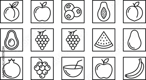 Fruit line icon collection featuring apples grapes berries bananas watermelon avocado papaya pomegranate minimal outlined graphics, illustration