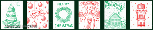 Collection of Christmas gift cards. Merry Christmas concepts with car, tree, Santa and wither landscape. Wreath design set. Hand drawn elements in dot work style for invitation to a party 