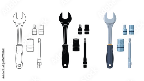 Set of Wrenches and Tool Accessories Vector Set in Three Styles — Line Art, Silhouette and Color Version Designs