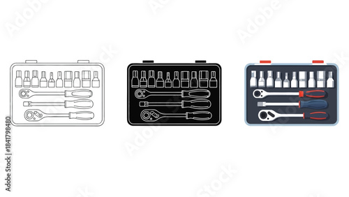 Set of Tool Kits Vector Set in Three Styles — Line Art, Silhouette and Color Version Designs