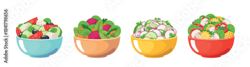 Vegetables salads. Different herbal ingredients, healthy raw food, sliced tomatoes, beets and radishes, tasty and fresh. Lunch and dinner menu classy vector cartoon flat isolated set