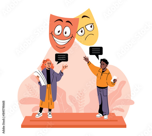 Theatral repetition. Actors learn dialogue text for the roles, tragicomedy performance on stage, comedy and tragedy masks, dramatic expression cartoon flat style isolated vector concept