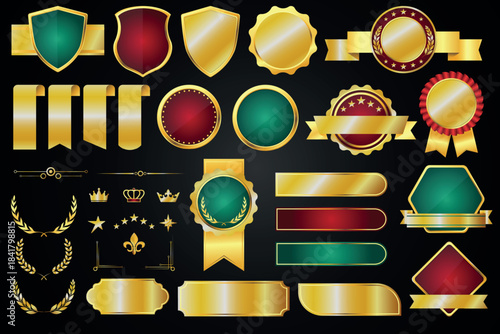 Luxury golden blank labels. Different shapes premium badges and stickers, vintage design elements, Premium limited tags, crowns and tapes, empty ribbons and stamps, qualitative vector set