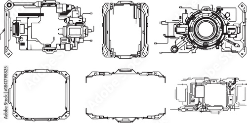 A set of cyberpunk style frames. Hand drawn vector illustration