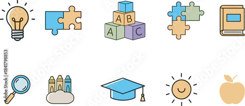 Colorful childhood learning elements including puzzles blocks crayons and educational toys