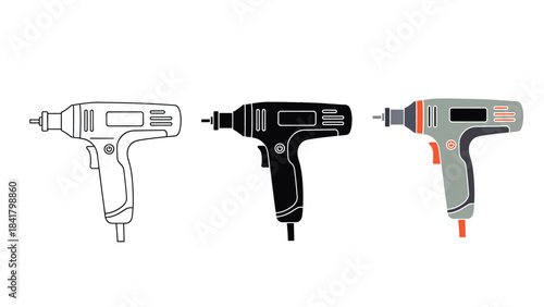 Three Power Drills Vector Set in Three Styles — Line Art, Silhouette and Color Version 