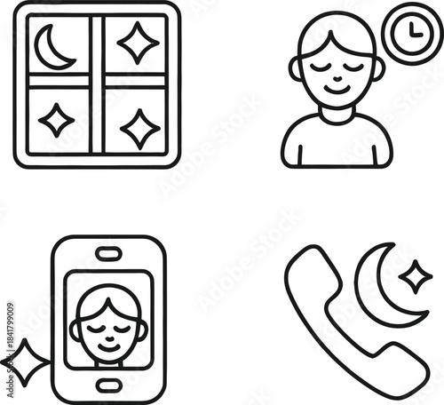 Sleep and Relaxation Line Icon Set – Bedtime Symbols, Sheep, Sun, Sleep Mask, Meditation, Rest, Wellness and Calm Lifestyle Icons