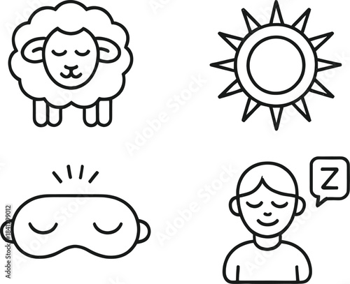 Sleep and Relaxation Line Icon Set – Bedtime Symbols, Sheep, Sun, Sleep Mask, Meditation, Rest, Wellness and Calm Lifestyle Icons