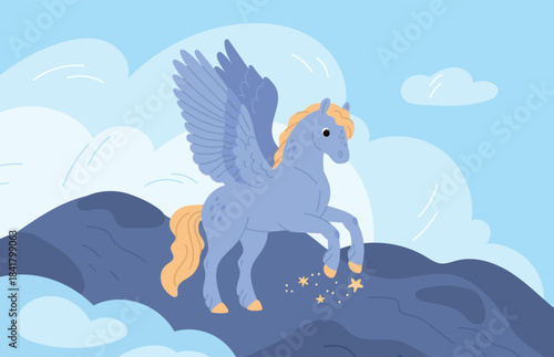 Fairy tale creation. Fabulous animal, pegasus in clouds, winged flying horse, fantasy fauna character, mythical mascot, fictional magic book personage, garish vector cartoon concept