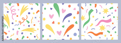 Confetti seamless patterns. Party time elements, different shapes color paper pieces, firecrackers and poppers contents. Decor textile, wrapping paper. Print for fabric garish vector set