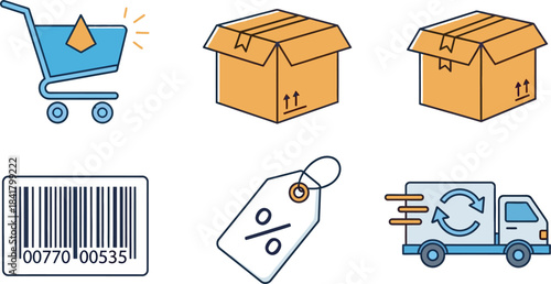 Delivery and shopping icons set featuring boxes cart barcode and shipping truck