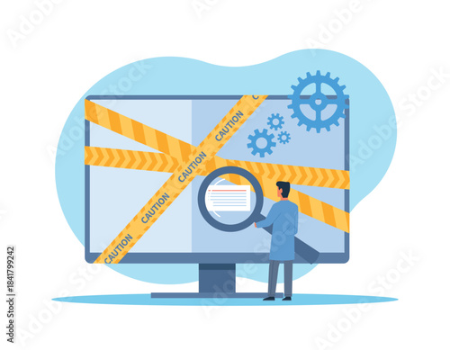 Computer forensics. Recover deleted evidence files, confidential information and content on computer, programmer worker or hacker, secret documents, cartoon flat isolated vector concept