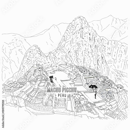 Outline illustration of the Machu Picchu Inca citadel Peru