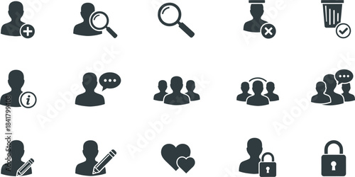 Collection of flat design black icons representing people security and investigation