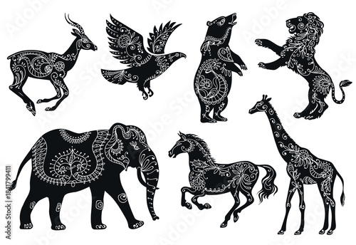 Animalistic floral silhouettes. Black fauna shapes with flowers patterns, boho style animals, ethnic oriental ornaments, wildlife elephant, horse and giraffe. Splendid vector cartoon flat set