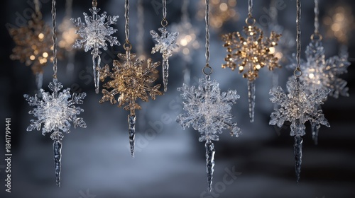 sparkling winter decorations with icicles and snowflake ornaments