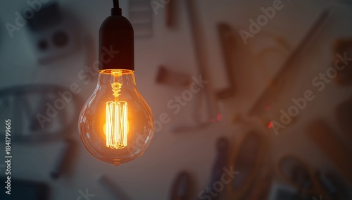 Glowing Filament, Hanging in Stillness. A Study in Light and Shadow, Blurred Surroundings.