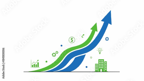 Business growth chart with upward trending arrows and finance icons