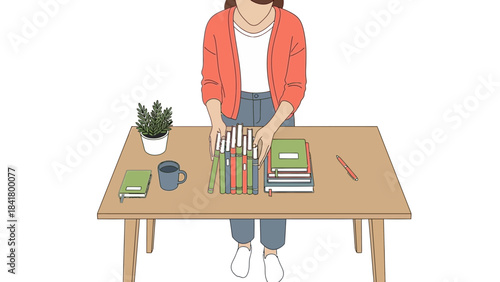 Illustration of a person organizing books and supplies on a wooden table, minimalist style