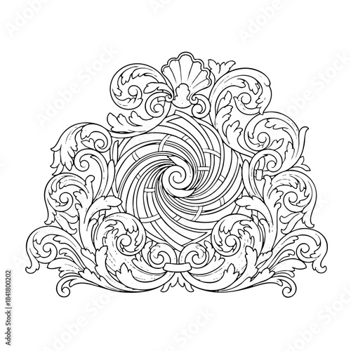 Ornate Baroque Scrollwork Vector Drawing, Vintage Decor Element