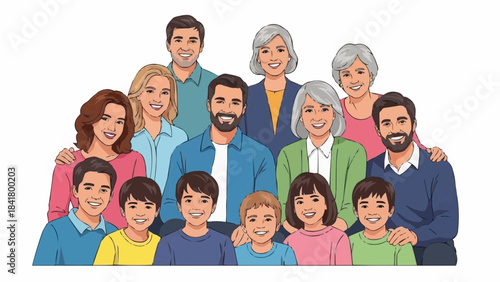Large multigenerational family group portrait illustration
